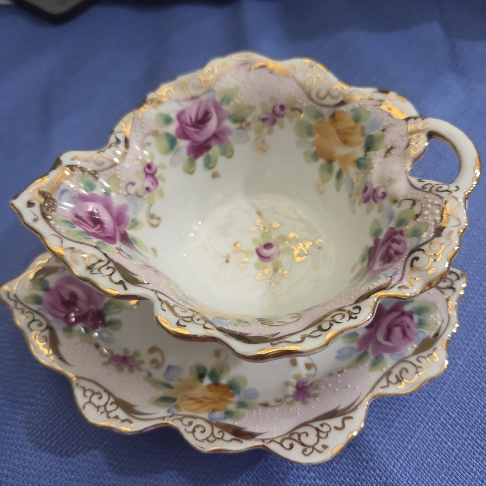 Antique Floral Boat And Dish Trimmed In Gold - Picture 2 of 7